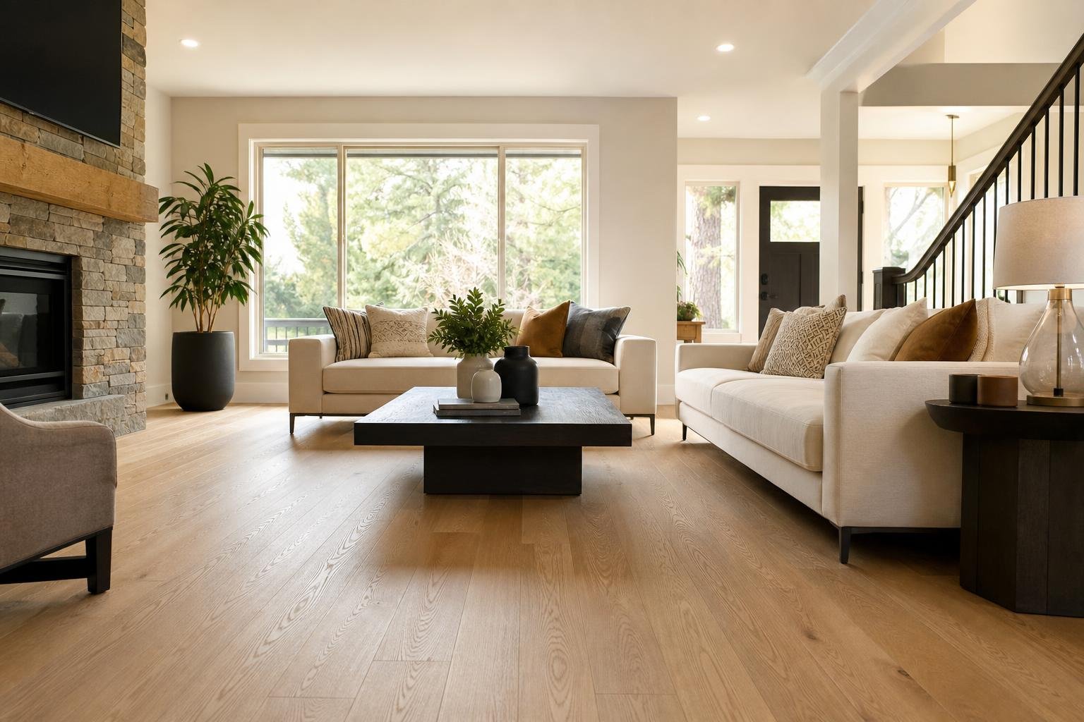 Bright living room with freshly installed hardwood flooring
